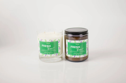 Fresh Rain Candle Set.  One is a 10oz double cotton wick clear jar filled with soy wax, the other is an 8oz amber jar single cotton wick.